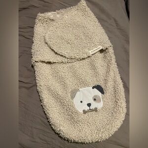 Neutral Teddy Sherpa Baby Swaddle Sack with Dog Applique